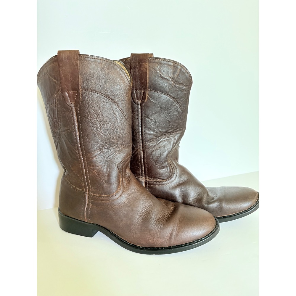 Kids Brown Leather Western Cowboy Boots Size 4 Round Toe Pull On Style 3102